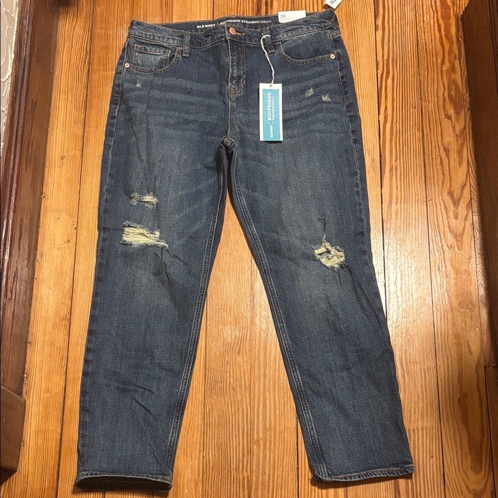 Old Navy women’s Distressed Blue boyfriend Straight Jeans size 10 NWT